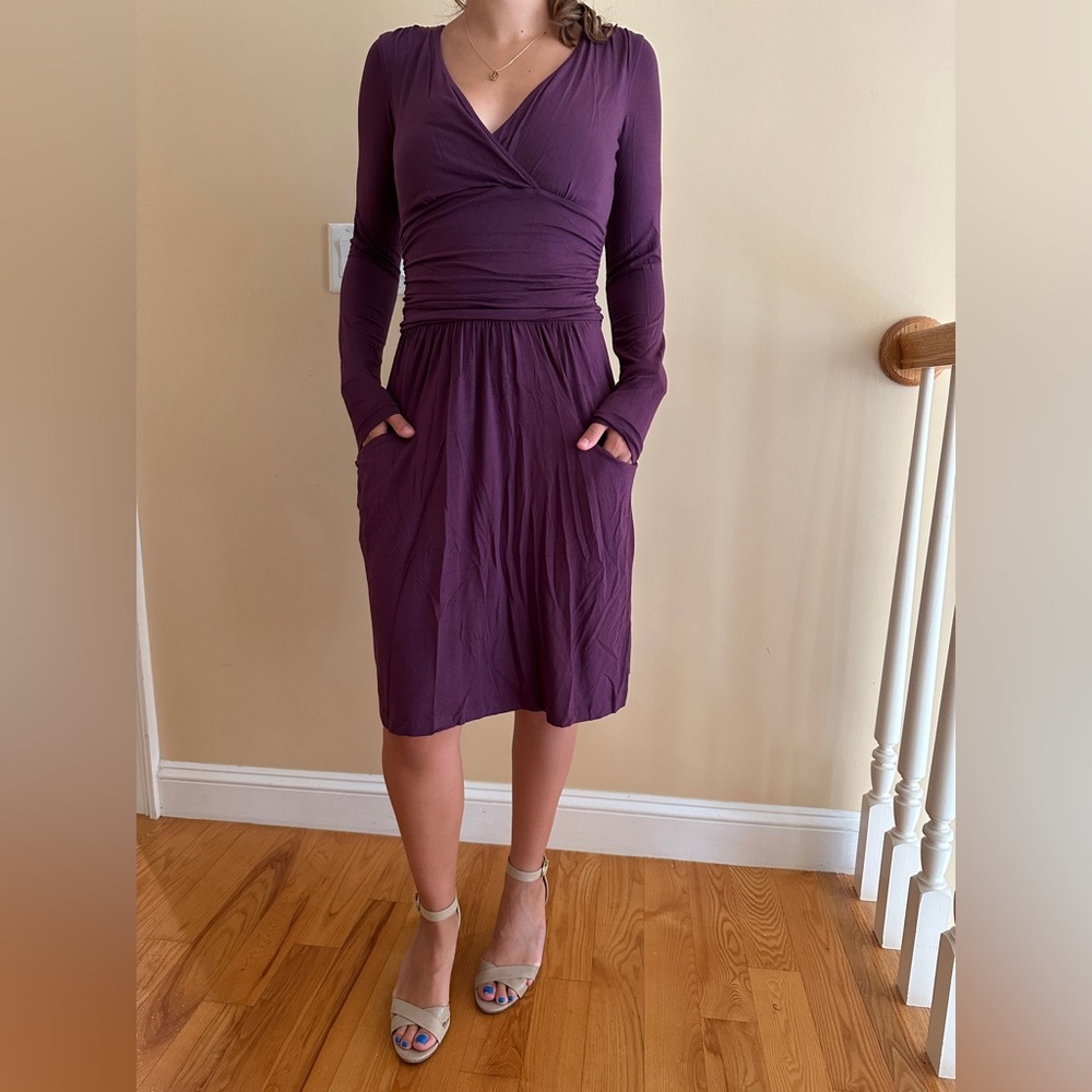 Stretchy purple knee-length dress with ruched waistline and long sleeves